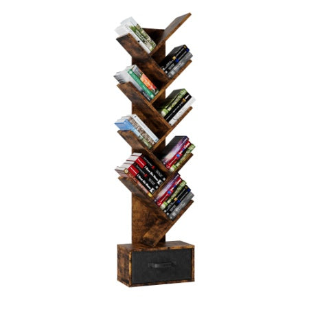 Libreria ad albero a 9 ripiani con cassetti, moderna libreria ad albero, indipendente, ripiani organizer per ufficio, soggiorno, camera da letto, marrone rustico