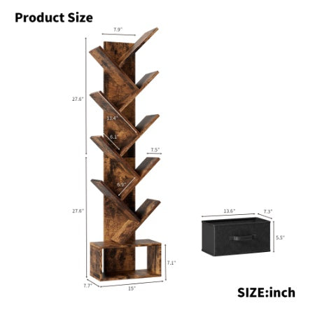 Libreria ad albero a 9 ripiani con cassetti, moderna libreria ad albero, indipendente, ripiani organizer per ufficio, soggiorno, camera da letto, marrone rustico