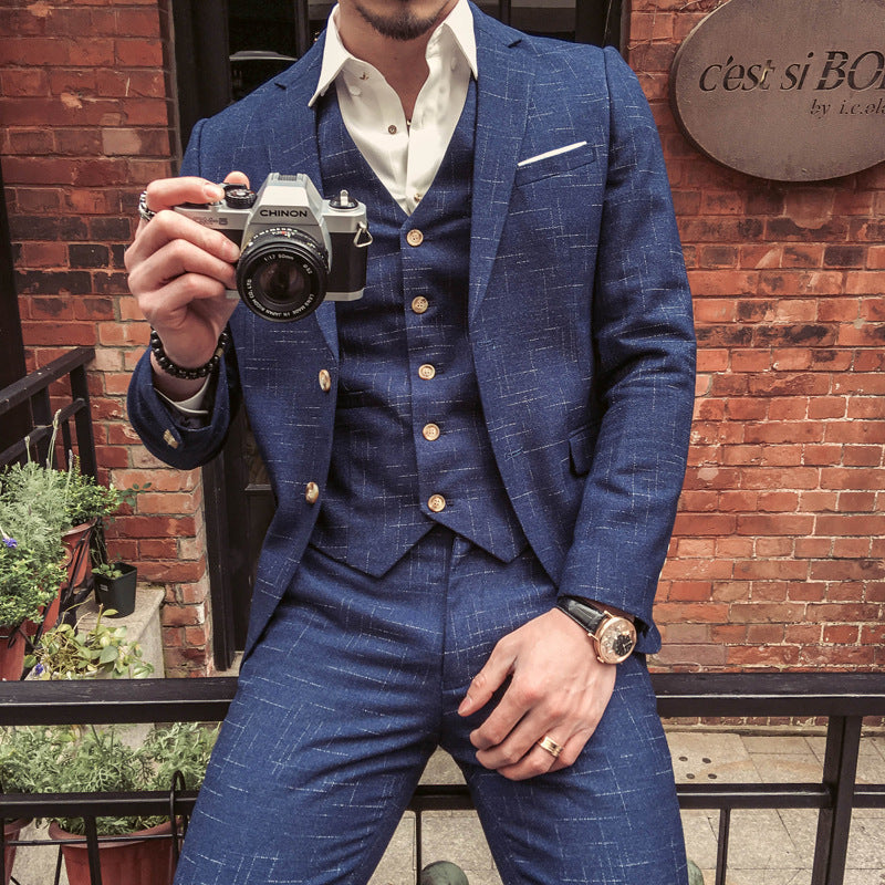 Abito da uomo slim fit a tre pezzi con stampa scozzese