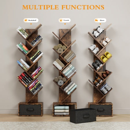 Libreria ad albero a 9 ripiani con cassetti, moderna libreria ad albero, indipendente, ripiani organizer per ufficio, soggiorno, camera da letto, marrone rustico