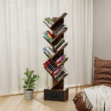 Libreria ad albero a 9 ripiani con cassetti, moderna libreria ad albero, indipendente, ripiani organizer per ufficio, soggiorno, camera da letto, marrone rustico