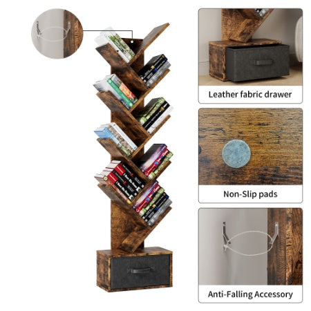 Libreria ad albero a 9 ripiani con cassetti, moderna libreria ad albero, indipendente, ripiani organizer per ufficio, soggiorno, camera da letto, marrone rustico