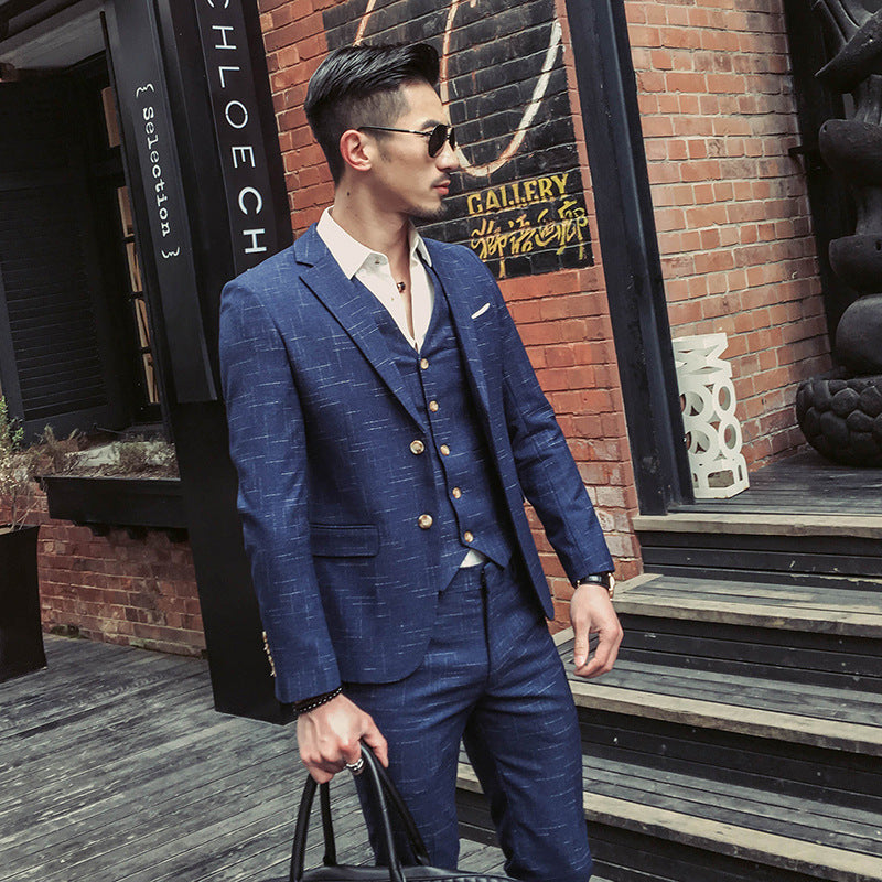 Abito da uomo slim fit a tre pezzi con stampa scozzese