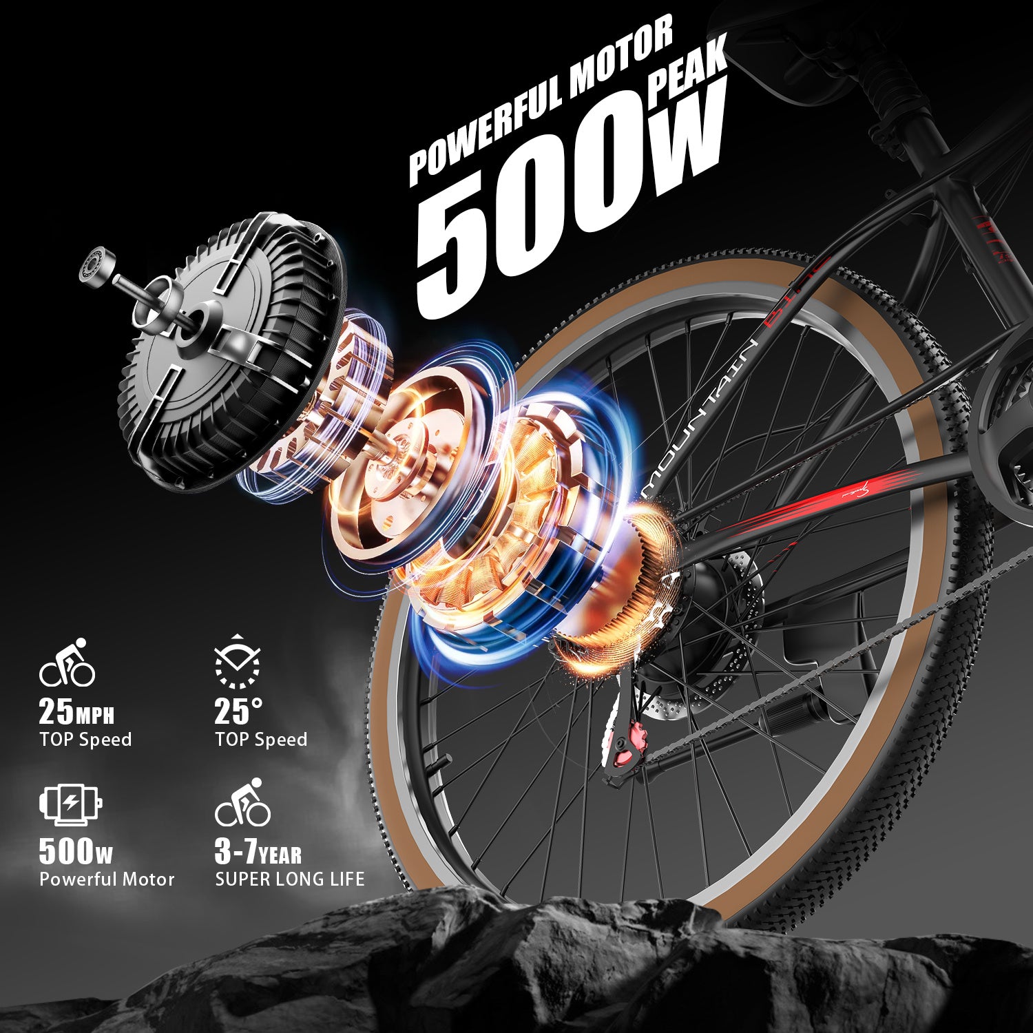 Bici elettrica per adulti, motore da 500 W, mountain bike elettrica con autonomia di 22 mph e 45 miglia, batteria rimovibile da 360 Wh, pneumatici da 26 pollici, bici elettriche per adulti per spostamenti all'aperto, cambio professionale a 7 velocità.