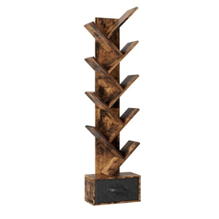 Libreria ad albero a 9 ripiani con cassetti, moderna libreria ad albero, indipendente, ripiani organizer per ufficio, soggiorno, camera da letto, marrone rustico