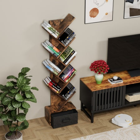 Libreria ad albero a 9 ripiani con cassetti, moderna libreria ad albero, indipendente, ripiani organizer per ufficio, soggiorno, camera da letto, marrone rustico