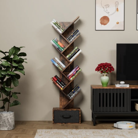 Libreria ad albero a 9 ripiani con cassetti, moderna libreria ad albero, indipendente, ripiani organizer per ufficio, soggiorno, camera da letto, marrone rustico