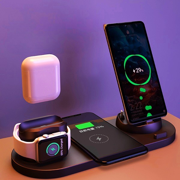 Caricabatterie wireless per iPhone, caricabatterie rapido per telefono, base di ricarica rapida per telefono e orologio, stazione di ricarica 6 in 1